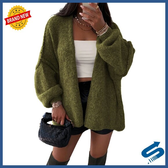 Sweaters - Oversized Cardigan Lantern Sleeve Lightweight Knit Open Front Sweater